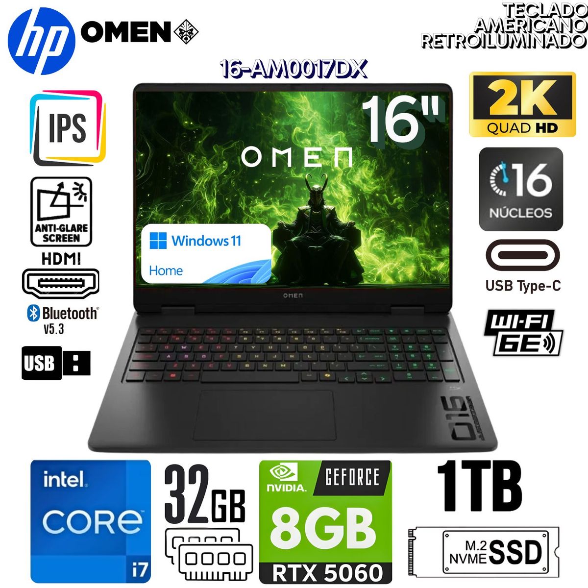 HP - Laptop HP OMEN 16-AM0017DX Intel Core Ultra 7-1465 32GB RAM 1TB SSD RTX 5060-8GB 16" WUXGA 165 Hz