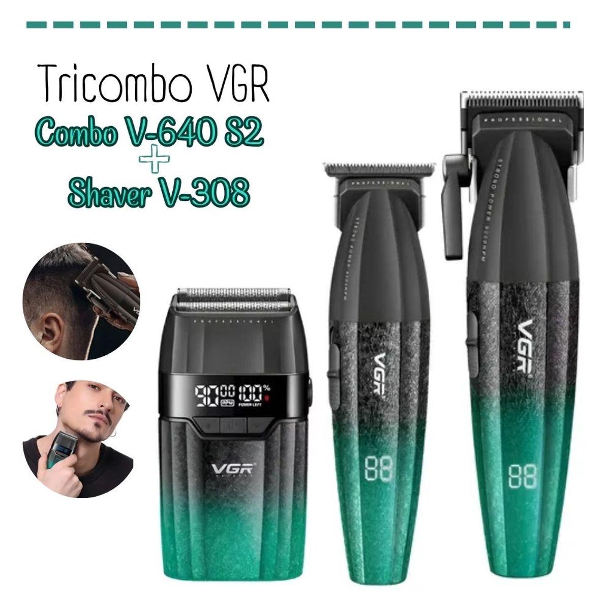 GENERICO - Combo Barber VGR Clipper + Trimmer + Shaver V-640S3 VERDE