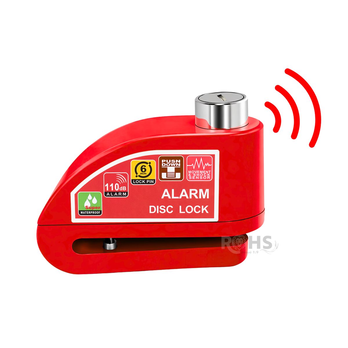 OEM - Candado Para Disco De Moto Con Alarma 110dB Antirrobo Rojo Resistente Al Agua