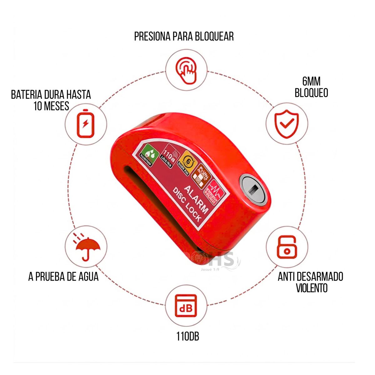OEM - Candado Para Disco De Moto Con Alarma 110dB Antirrobo Rojo Resistente Al Agua
