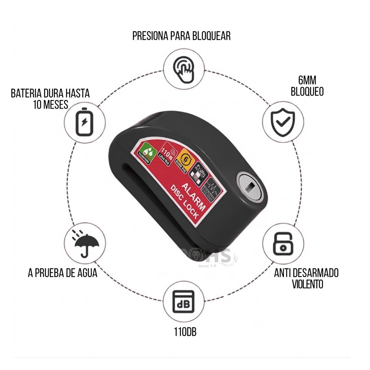 OEM - Candado Para Disco De Moto Con Alarma 110dB Antirrobo Negro Resistente Al Agua