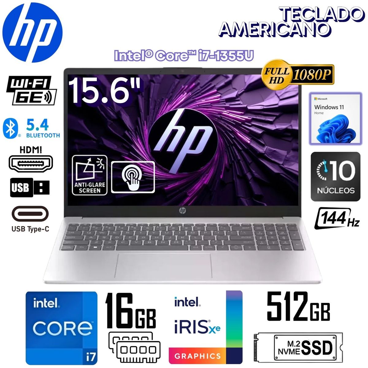 HP - Laptop HP 15-FD0127DX Intel Core i7-1355U 16GB RAM 512GB SSD 15.6 FHD 144HZ TouchScreen