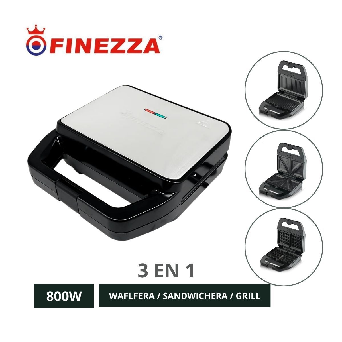 FINEZZA - Waflera Finezza 3 en 1 Placa Intercambiable para Grill y Sandwichera