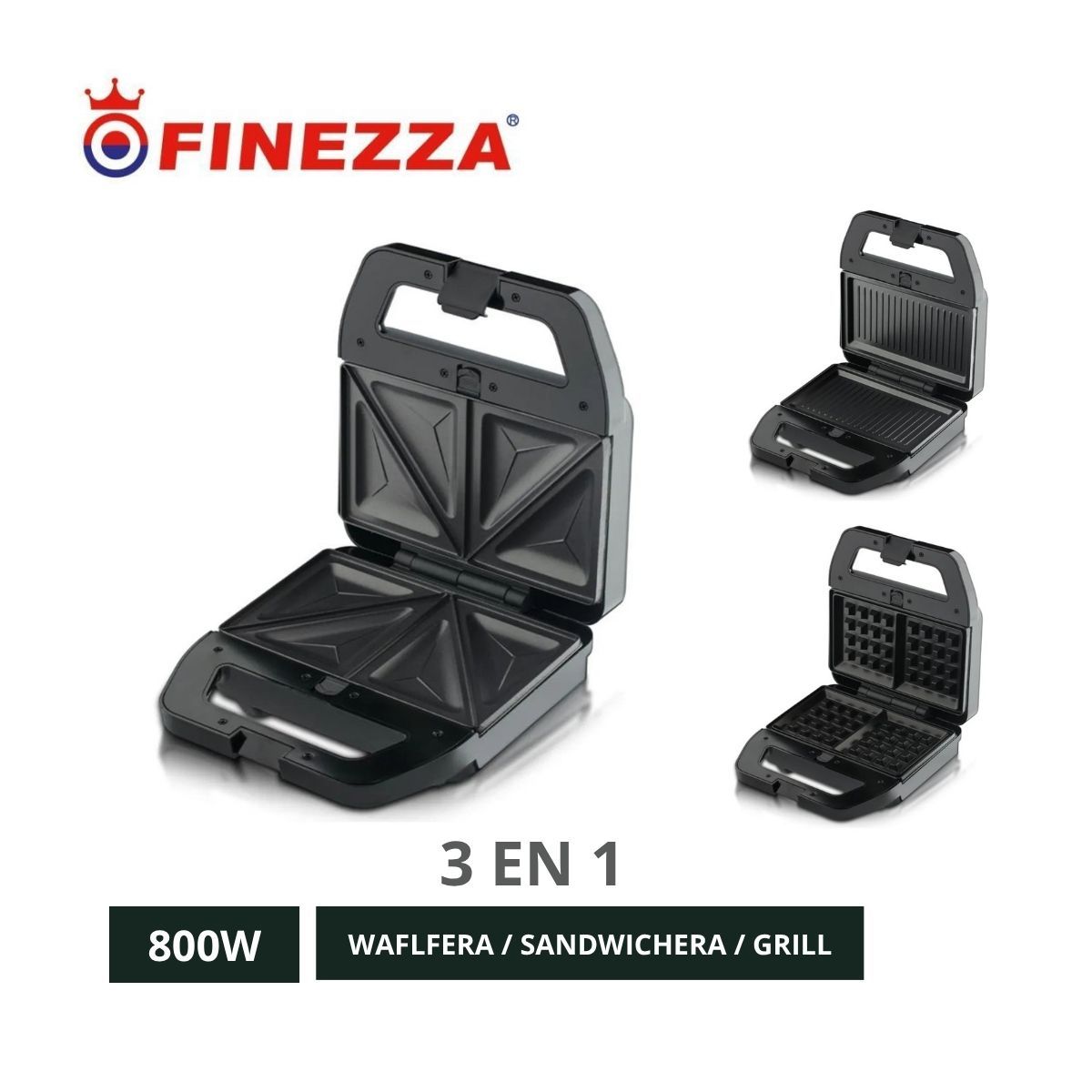 FINEZZA - Waflera Finezza 3 en 1 Placa Intercambiable para Grill y Sandwichera