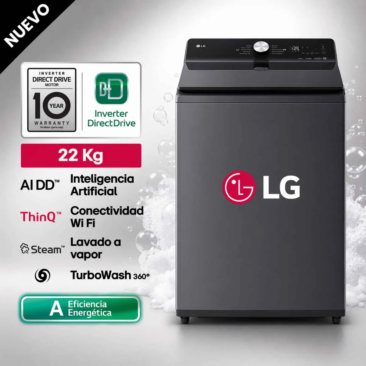 LG - Lavadora LG 22Kg AI DD Carga Superior Negro Plateado LG WT22EGTXS