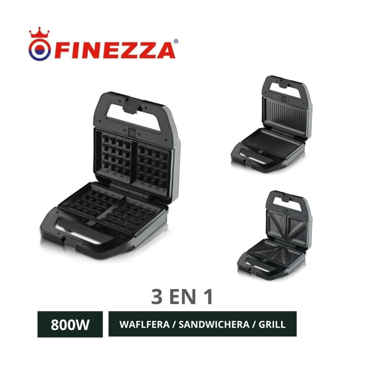 FINEZZA - Waflera Finezza 3 en 1 Placa Intercambiable para Grill y Sandwichera