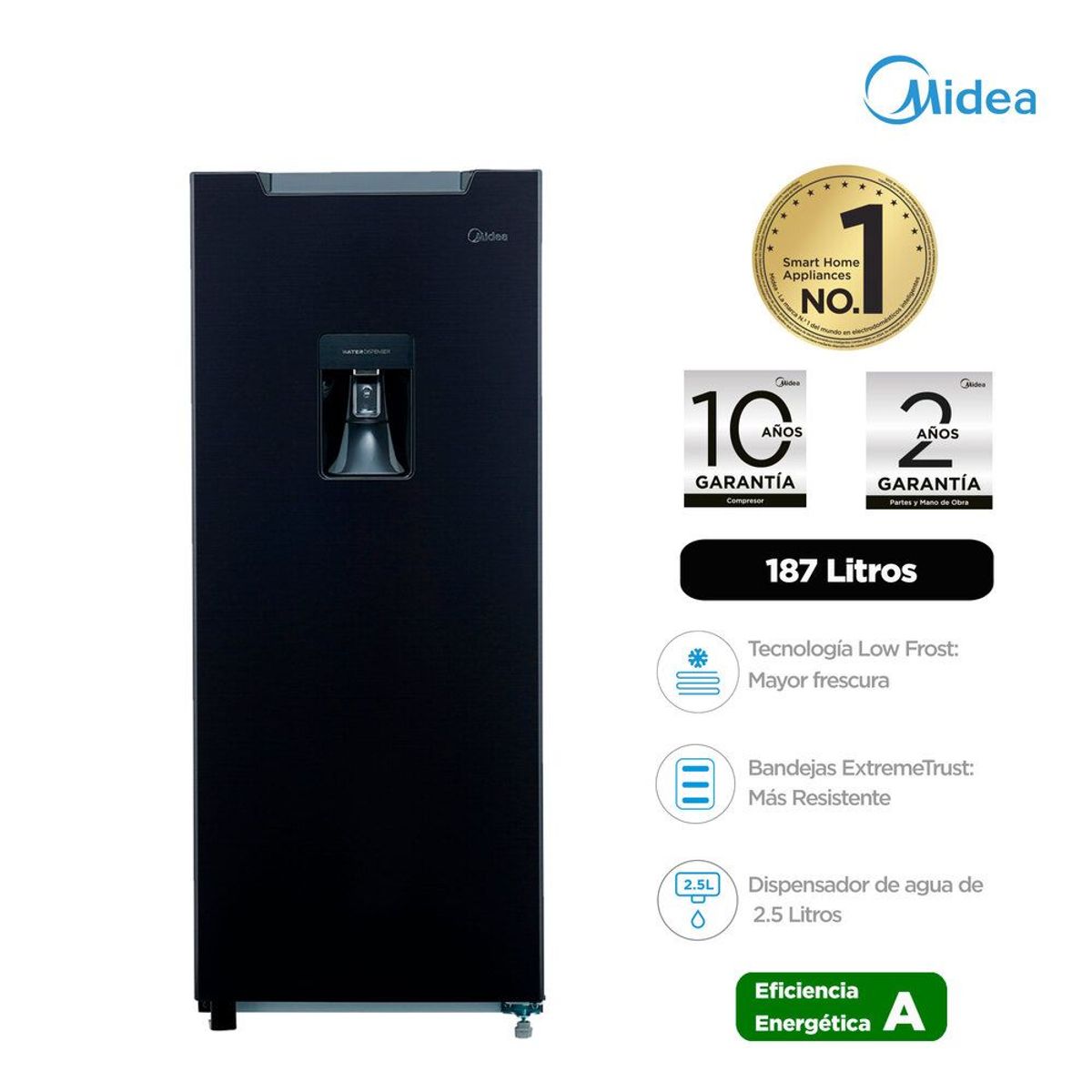 MIDEA - Refrigeradora 187 litros Monopuerta Negra Midea MDRD190ANLXW-PE