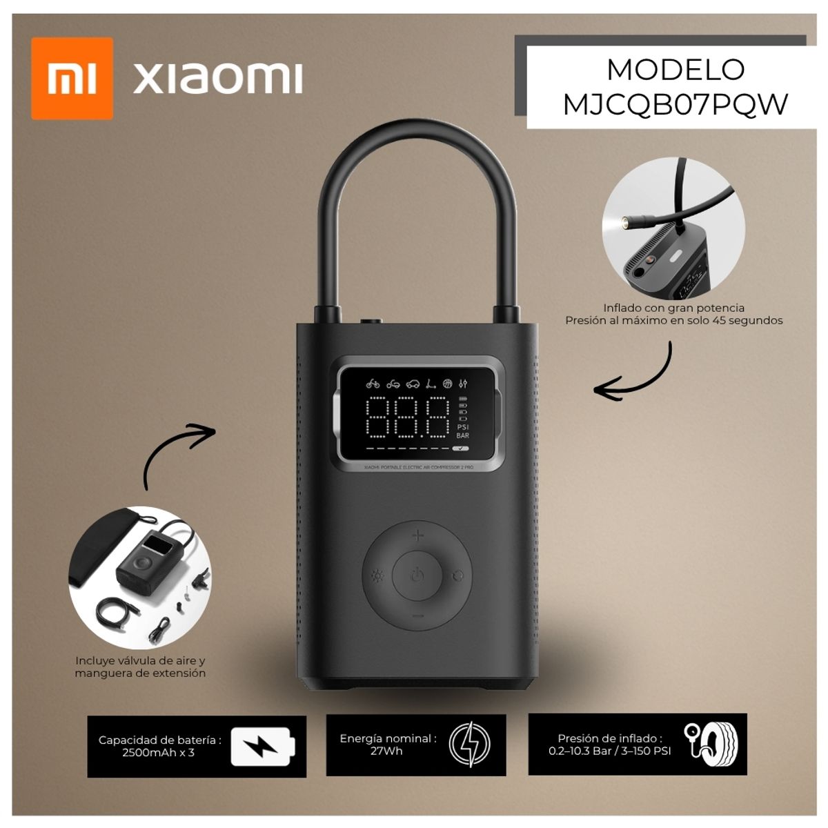 XIAOMI - Compresor de Aire Eléctrico Portátil Xiaomi 2 Pro MJCQB07PQW   - Negro
