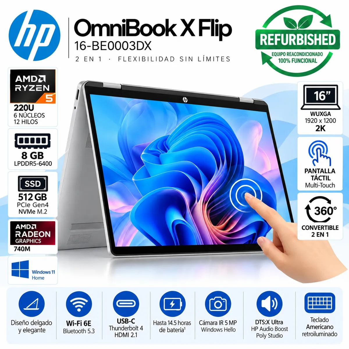 HP - Laptop HP OmniBook X Flip 16-BE0003DX AMD Ryzen 5 220U 8GB RAM 512GB SSD 16" 2K IPS