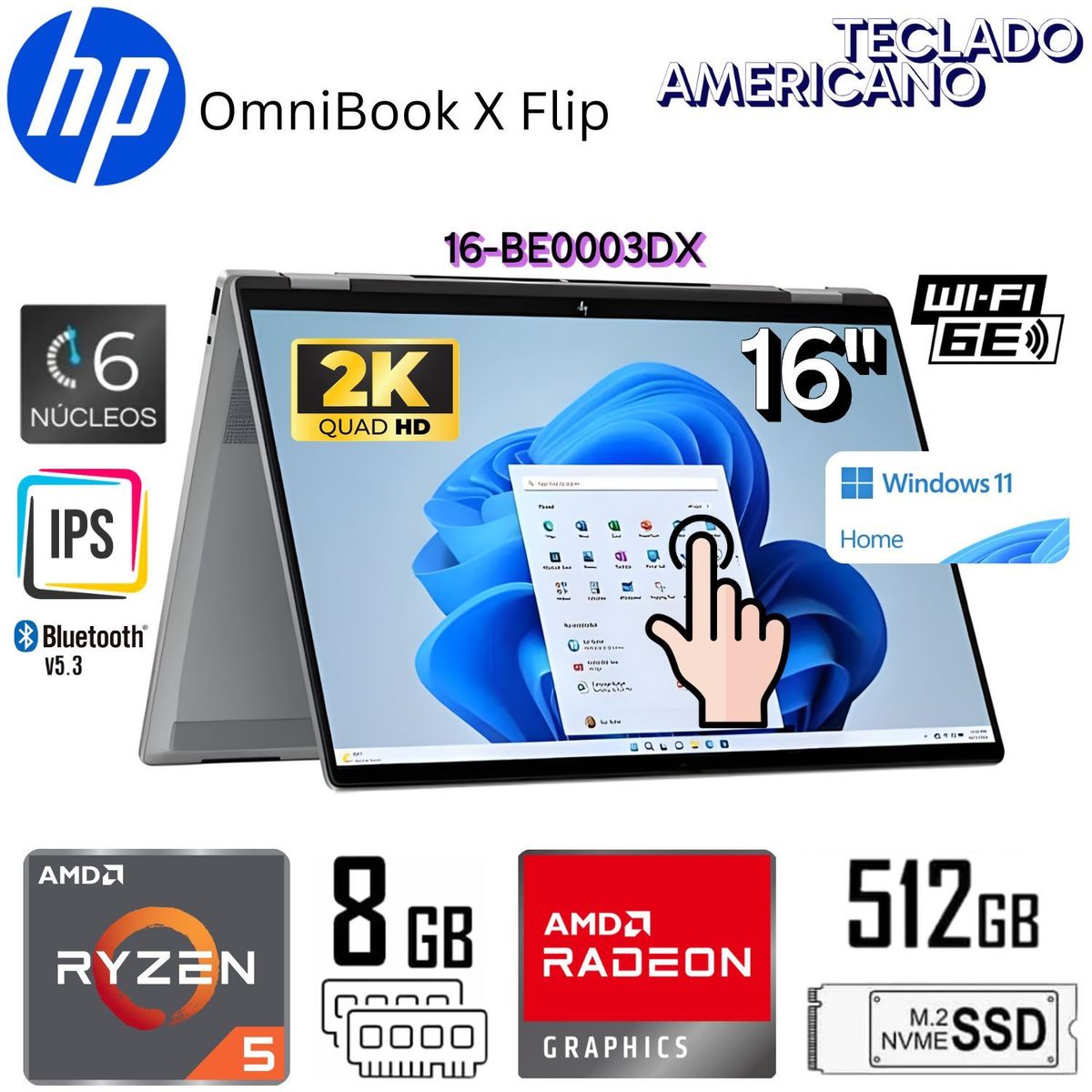 HP - Laptop HP OmniBook X Flip 16-BE0003DX AMD Ryzen 5 220U 8GB RAM 512GB SSD 16" 2K IPS