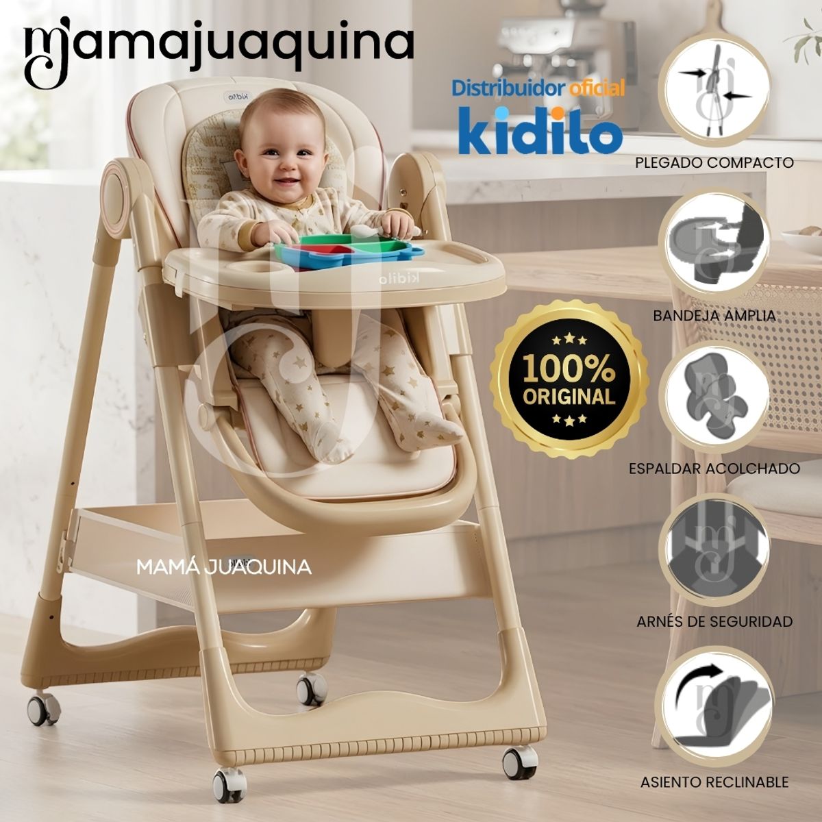 BABY - Silla de Comer Plegable «ARELY» Kidilo de Lujo Beige