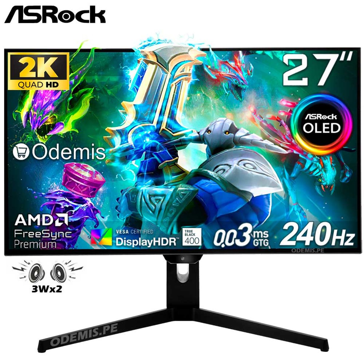 ASROCK - Monitor OLED Asrock PGO27QFS 27 QHD 2K 240HZ 03ms DisplayHDR 400, Pivot