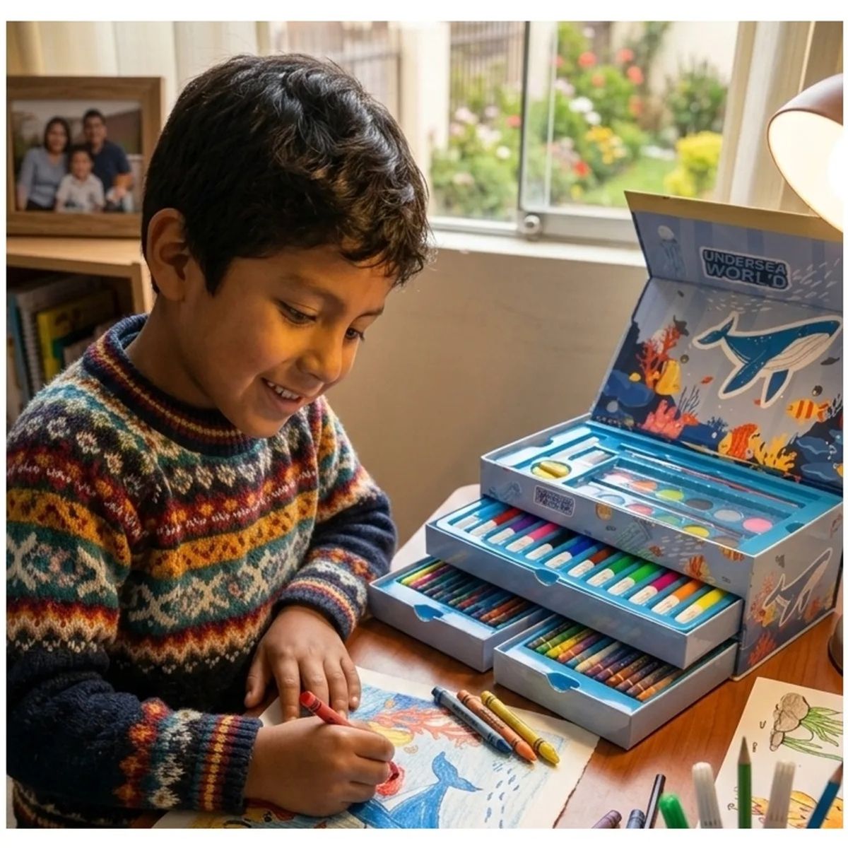 GENERICO - Set De Arte de 54 Pcs Mundo Marino Plumones + Crayolas + Acuarelas