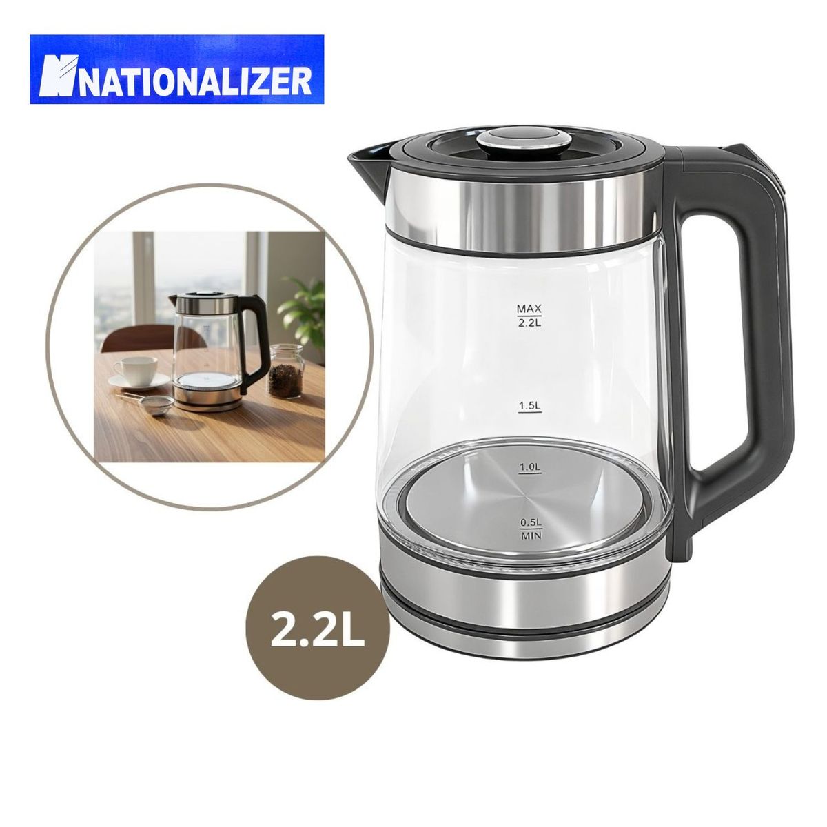 NATIONALIZER - Hervidor Eléctrico de vidrio 2.2 lts Nationalizer