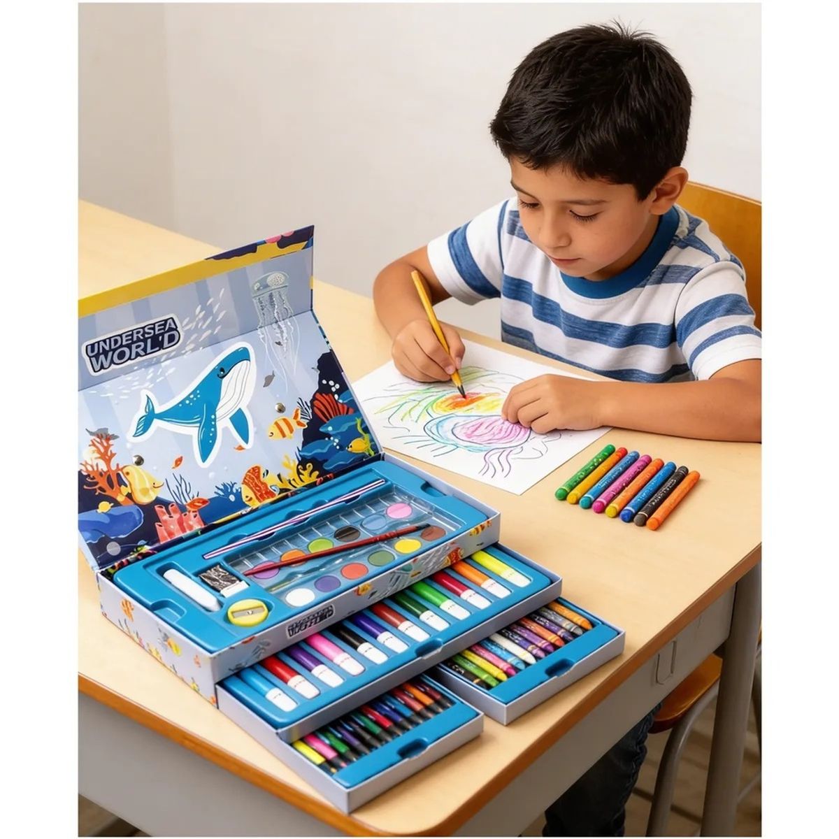 GENERICO - Set De Arte de 54 Pcs Mundo Marino Plumones + Crayolas + Acuarela