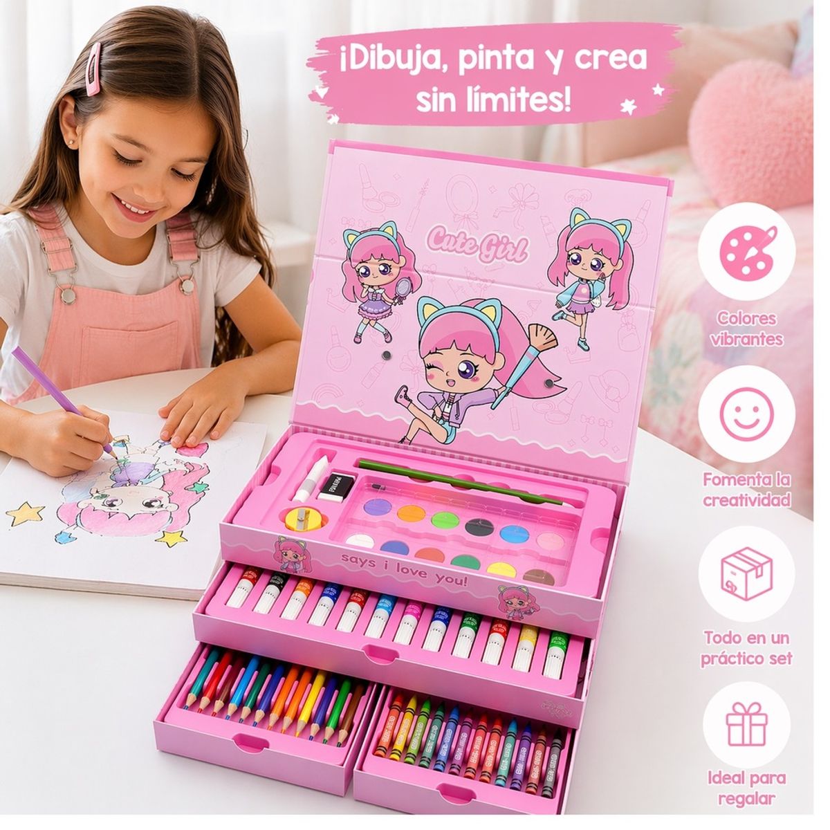 GENERICO - Set De Arte de 54 Pcs para niñas Plumones + Crayolas + Acuarela