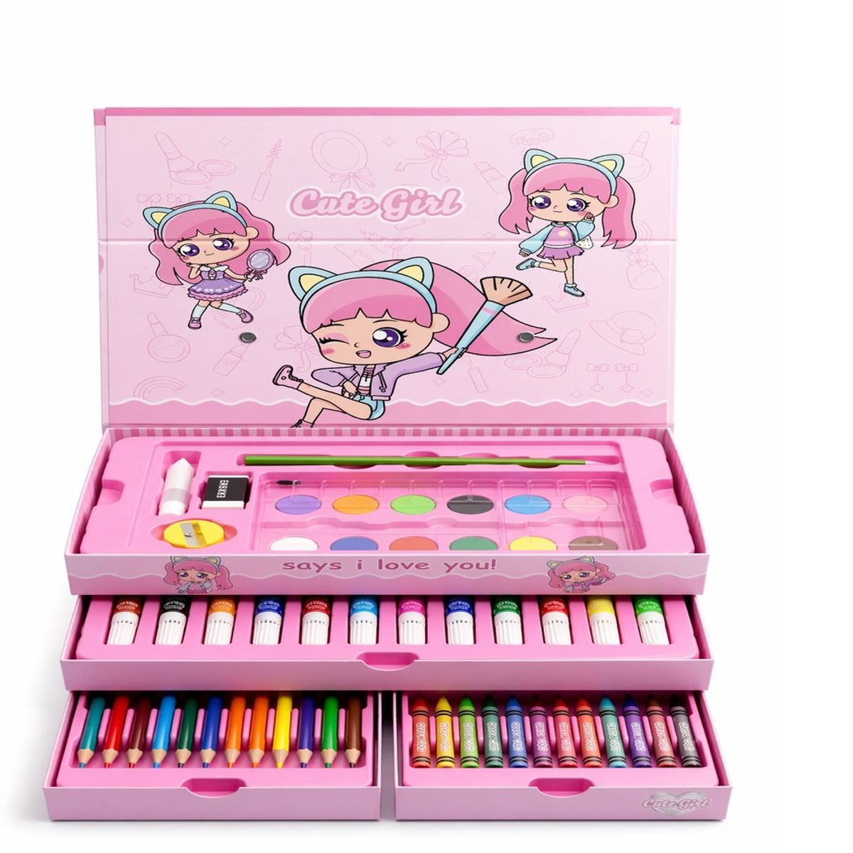 GENERICO - Set De Arte de 54 Pcs para niñas Plumones + Crayolas + Acuarela