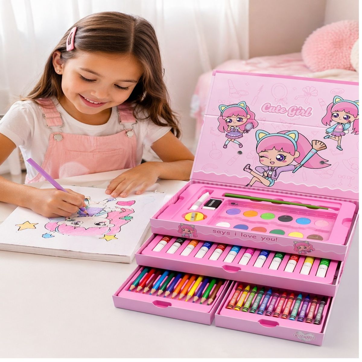 GENERICO - Set De Arte de 54 Pcs para niñas Plumones + Crayolas + Acuarela