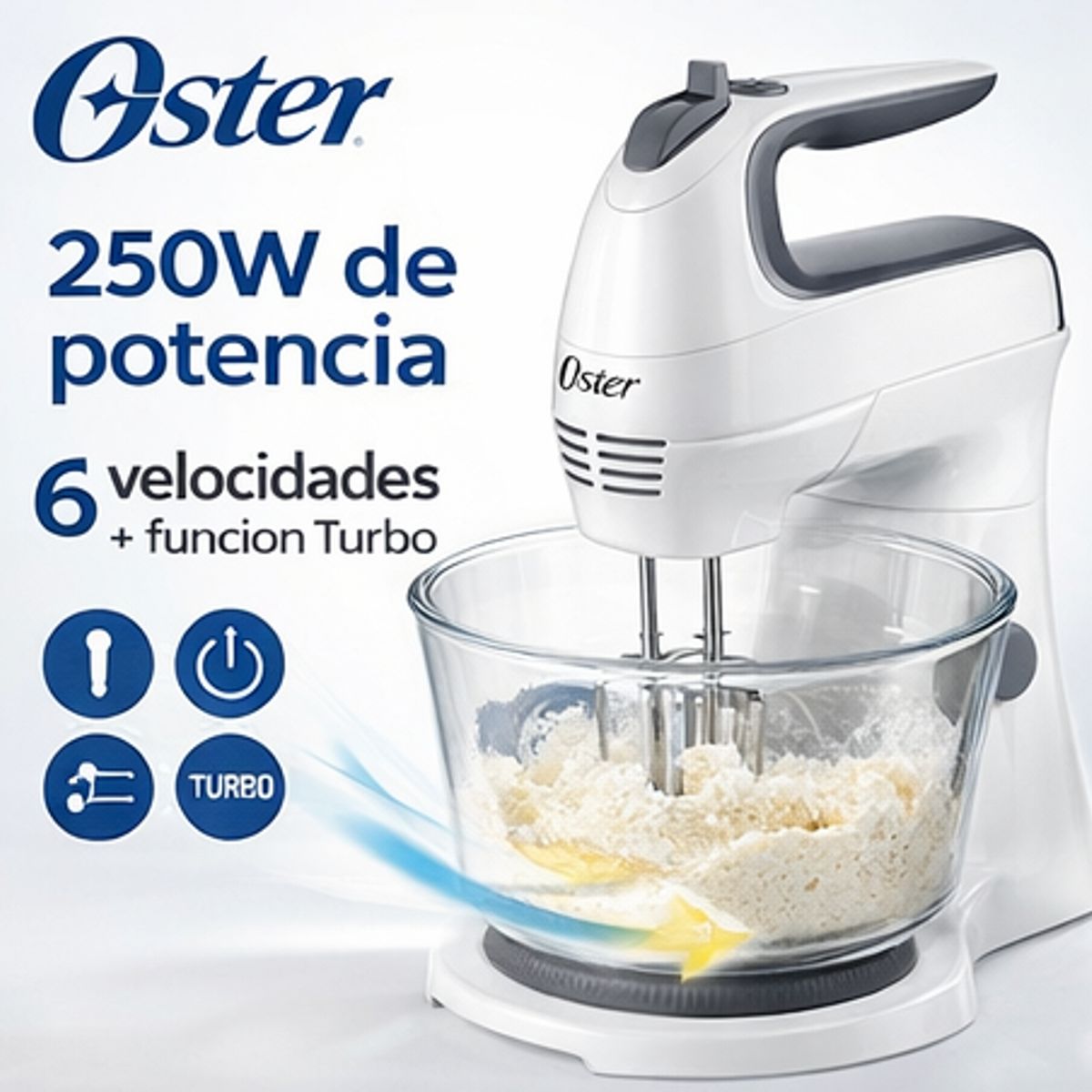 OSTER - Batidora Oster 250W FPSTHS3611 con Pedestal y Tazón 3.7L, 6 Velocidades, Color Blanco