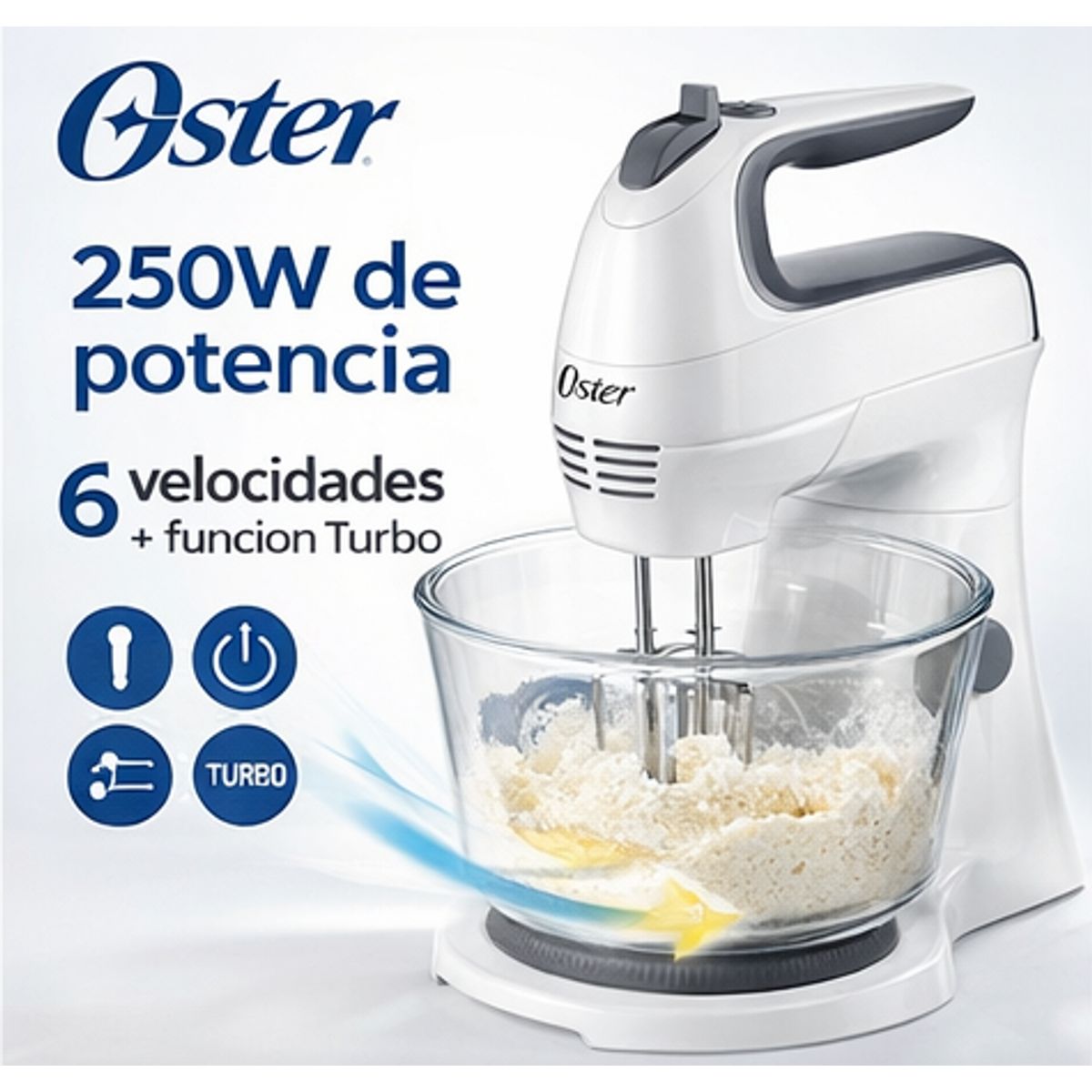 OSTER - Batidora Oster 250W FPSTHS3611 con Pedestal y Tazón 3.7L, 6 Velocidades, Color Blanco