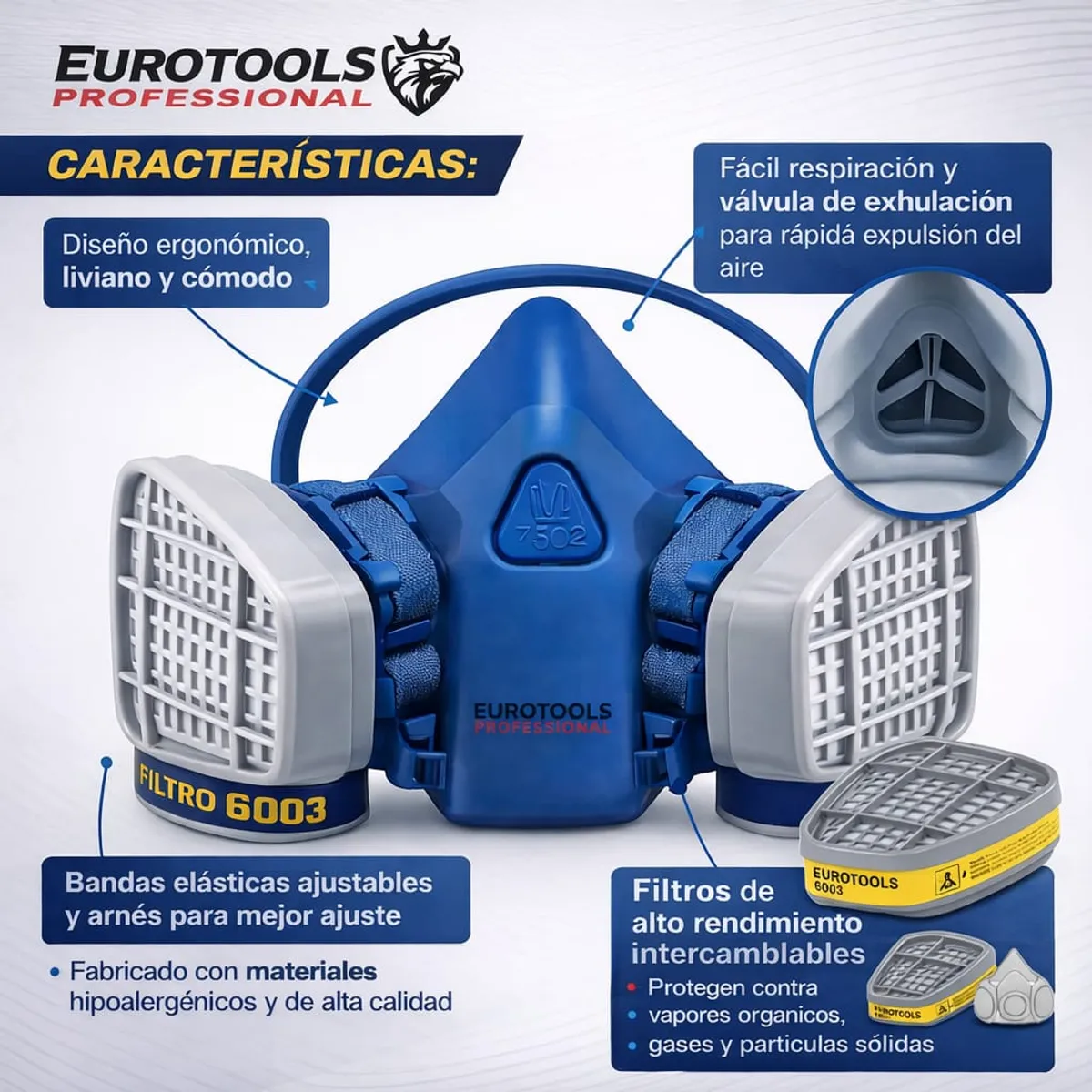 GENERICO - Respirador Mascara Para Gases Tóxicos con Filtros 6003 Profesional Reutilizable EUROTOOLS