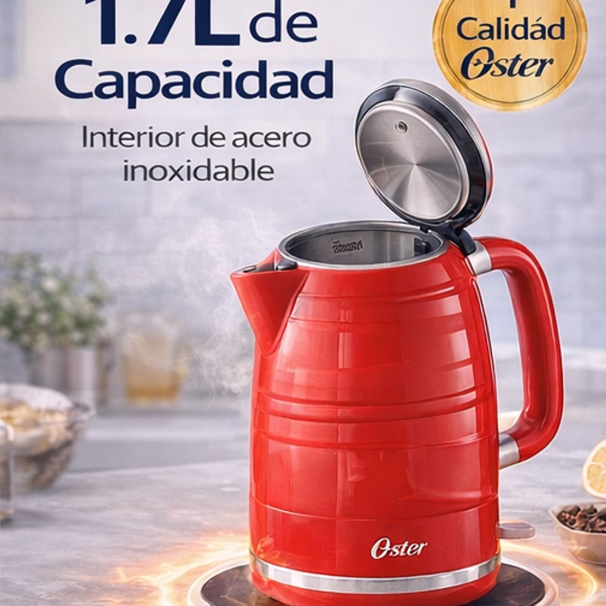 OSTER - Hervidor Eléctrico Oster 1.7L BVSTKT4177R Rojo  1850W, Auto Apagado y Base 360°