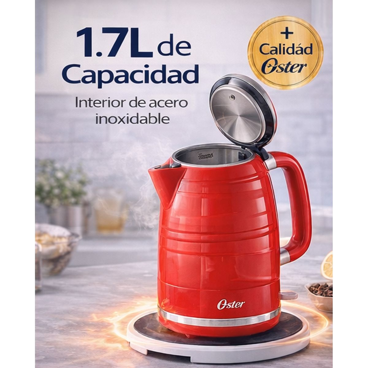 OSTER - Hervidor Eléctrico Oster 1.7L BVSTKT4177R Rojo  1850W, Auto Apagado y Base 360°
