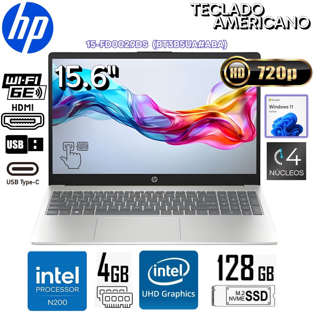 HP - Laptop HP 15-FD0029DS Intel N200 RAM 4GB SSD 128GB 15.6 FHD