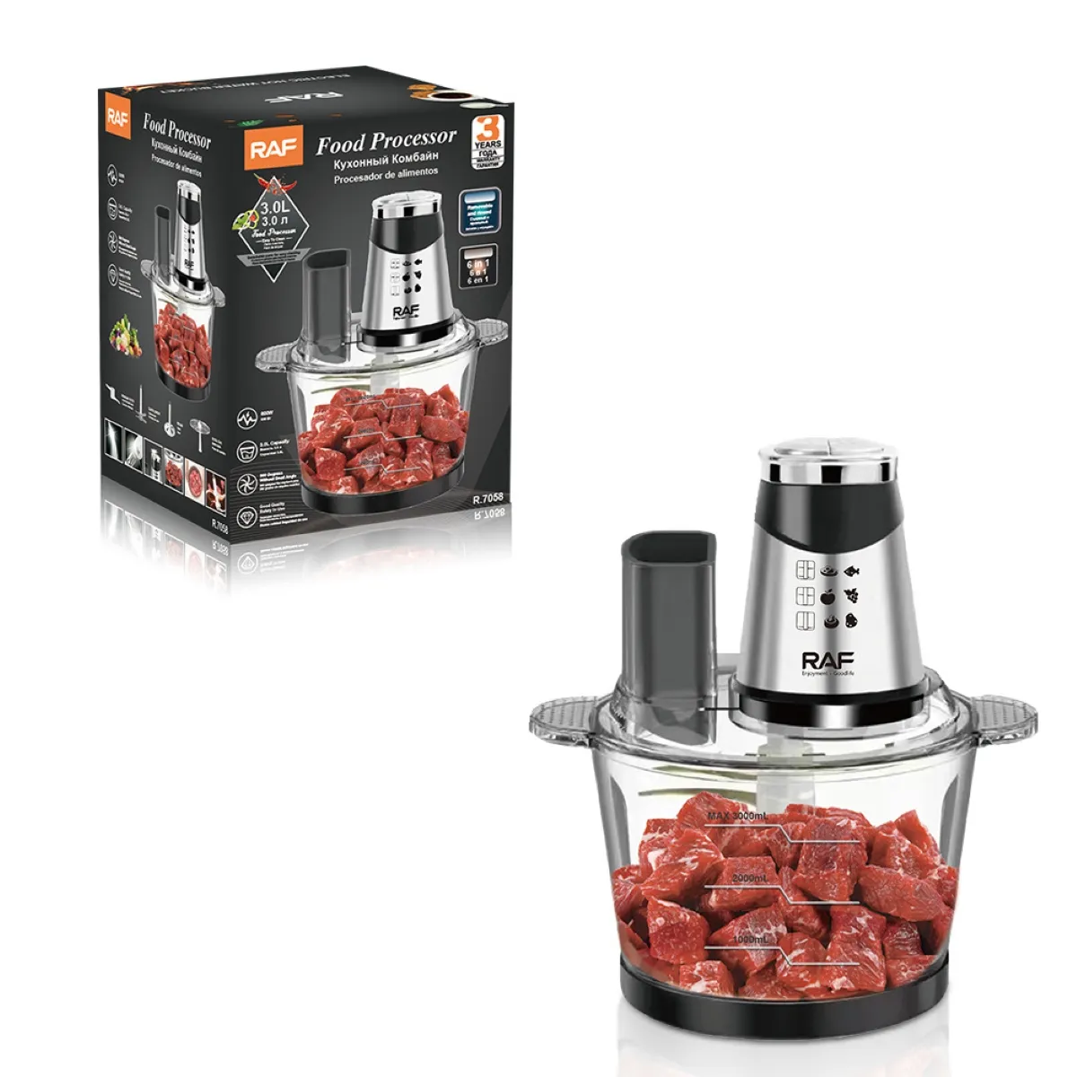 RAFF - PROCESADOR DE ALIMENTOS PICADORA ELÉCTRICA 6 EN 1 DE 3 LITROS 600W - BOWL DE VIDRIO GRUESO