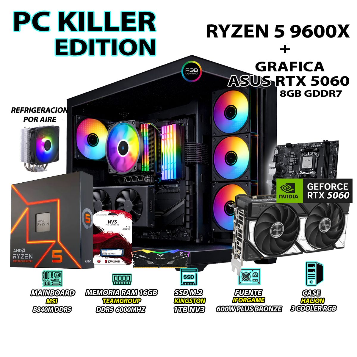 RYZEN - PC Gamer Pro XTREME Ryzen 5 9600X RAM 16GB DDR5 SSD 1TB GRAFICA RTX 5060 8GB.