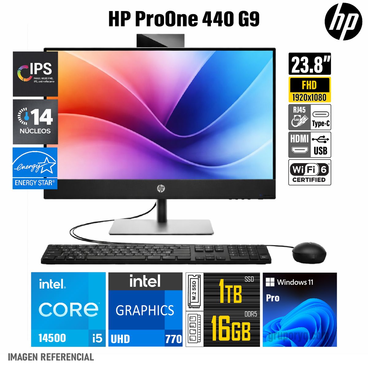 HP - All-In-One HP ProOne 440 G9 (Pantalla 23.8" FHD) Intel Core i5-14500, RAM 16GB SSD 1TB, WIN11 Pro
