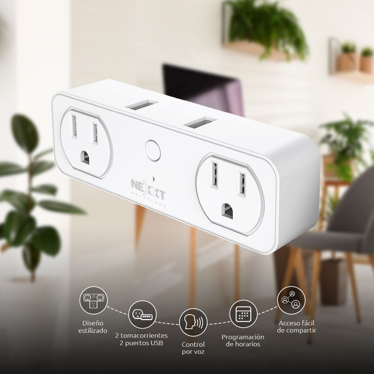 NEXXT SOLUTIONS - Enchufe inteligente Wi-Fi Nexxt 2 Conectores 2 Puertos USB - NHP-D610