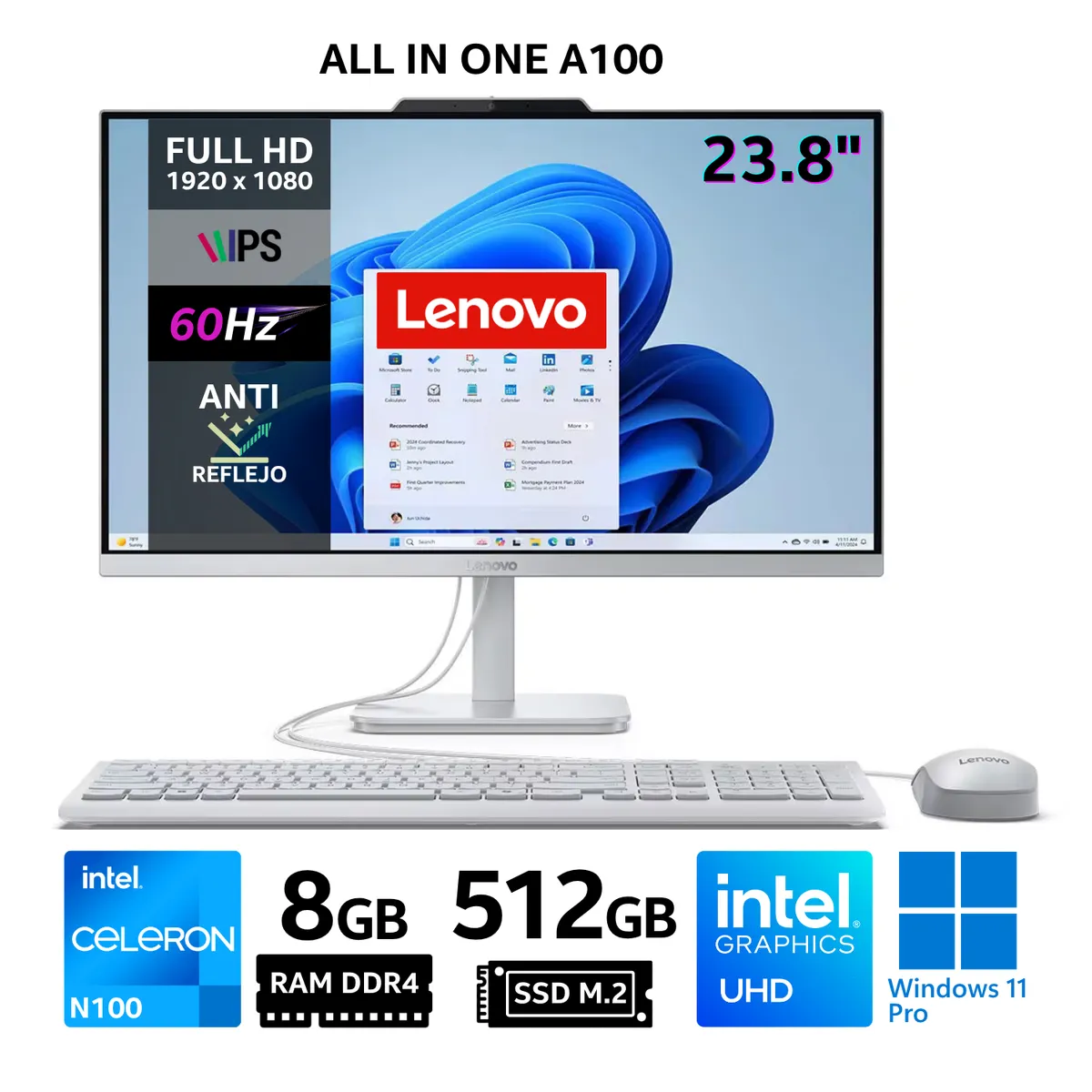 LENOVO - All in One Lenovo A100, 23.8" FHD IPS, Intel Celeron N100, RAM 8GB, SSD 512GB, Windows 11 Pro