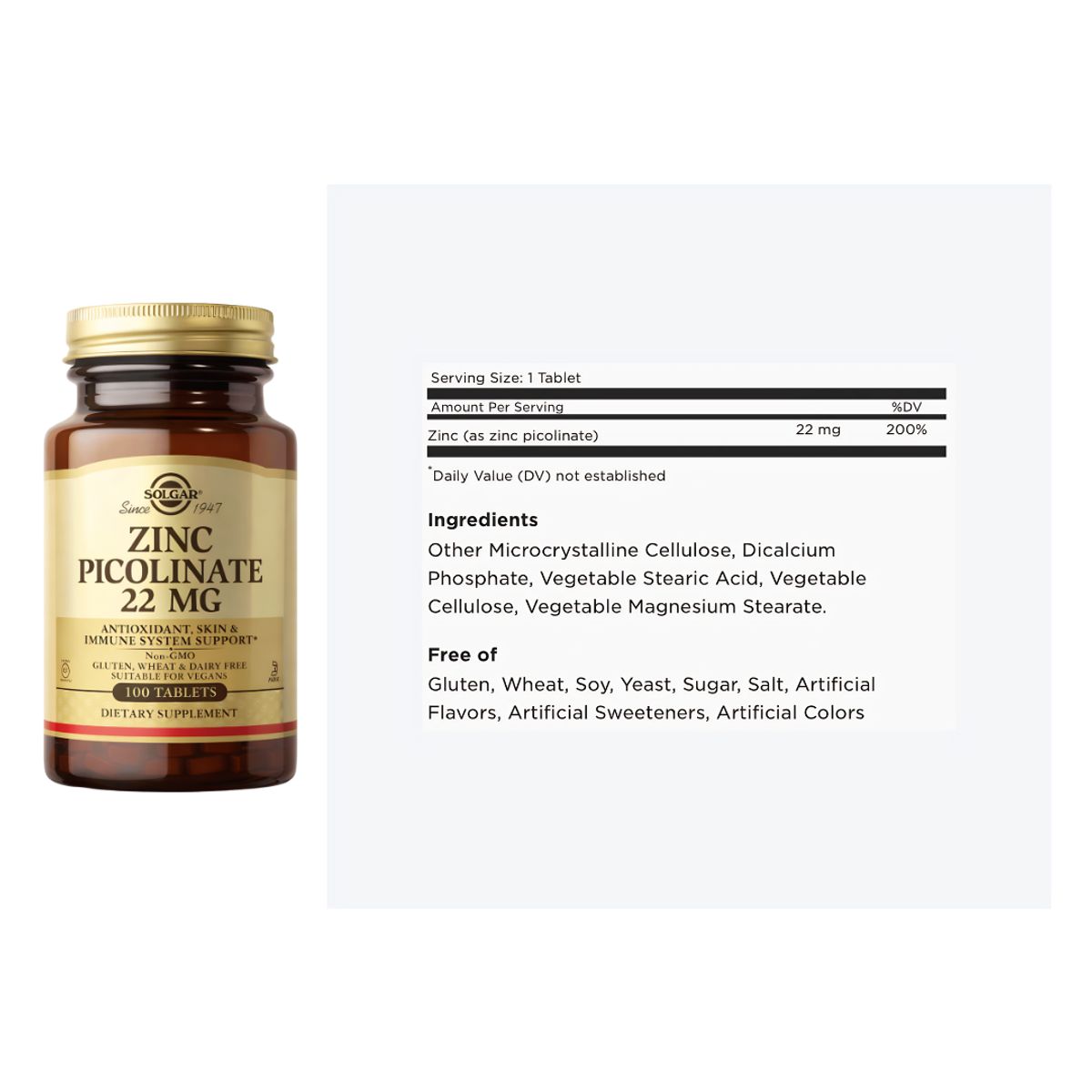 SOLGAR - Zinc Picolinate Solgar 22 MG / Picolinato de Zinc Solgar 22 MG - 100 Tabletas