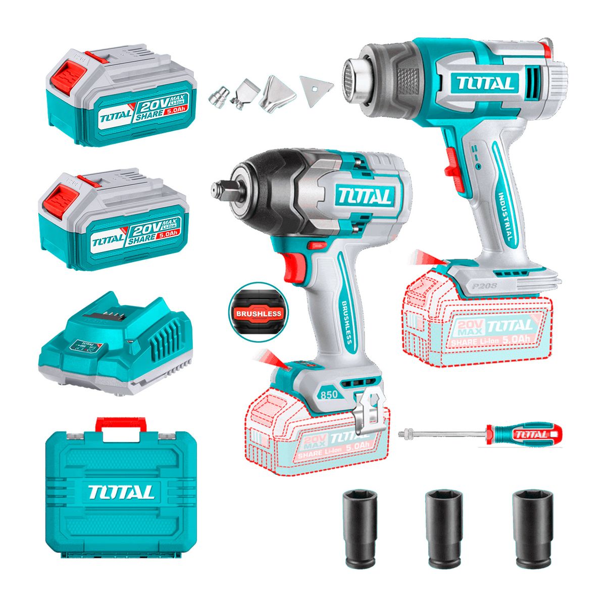 TOTAL - Pistola de Calor 20V + Llave de Impacto 850Nm TOTAL - TOSLI250983