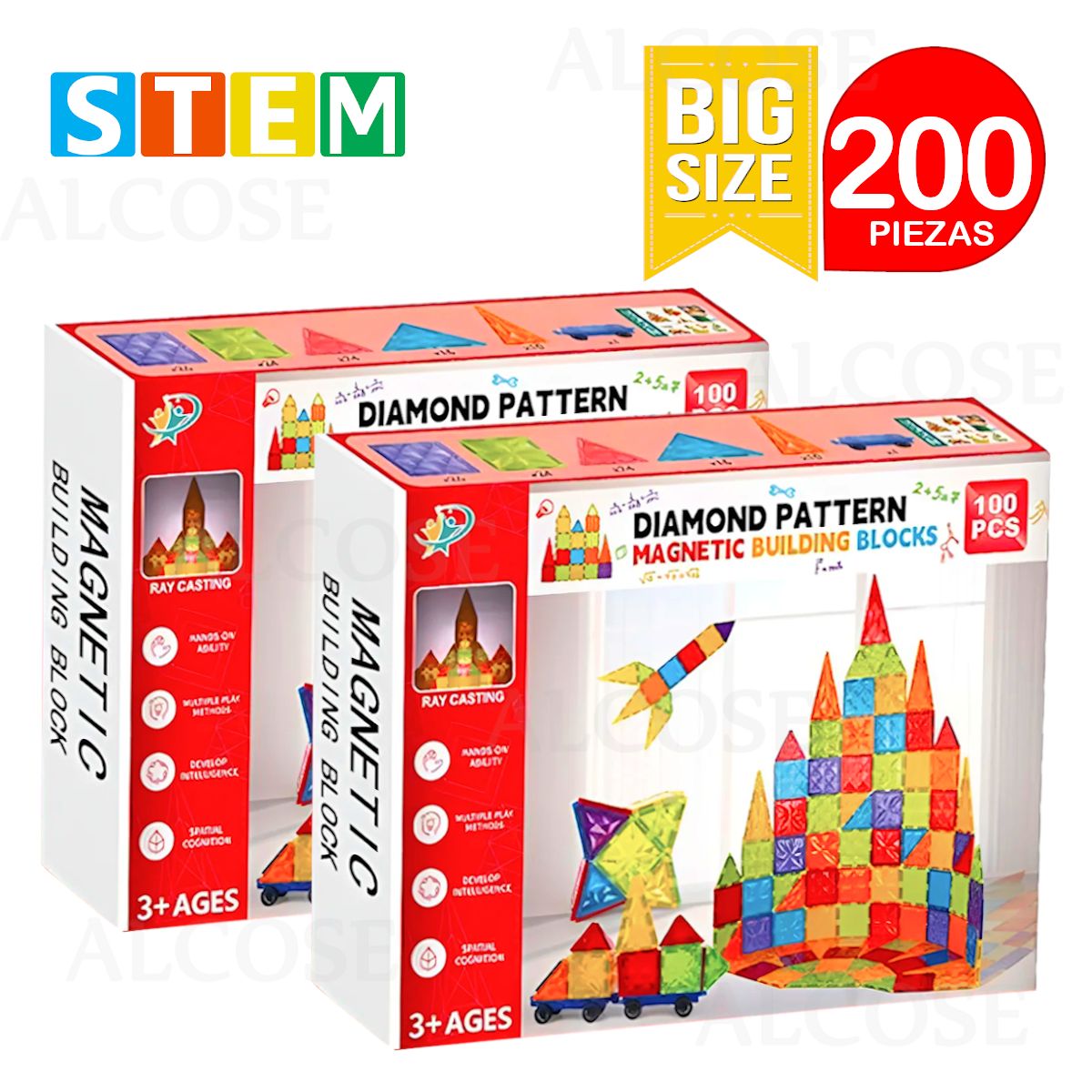 STM - Bloques magnéticos didácticos STEM DIAMANTE 100pz DÚO PACK 200 piezas