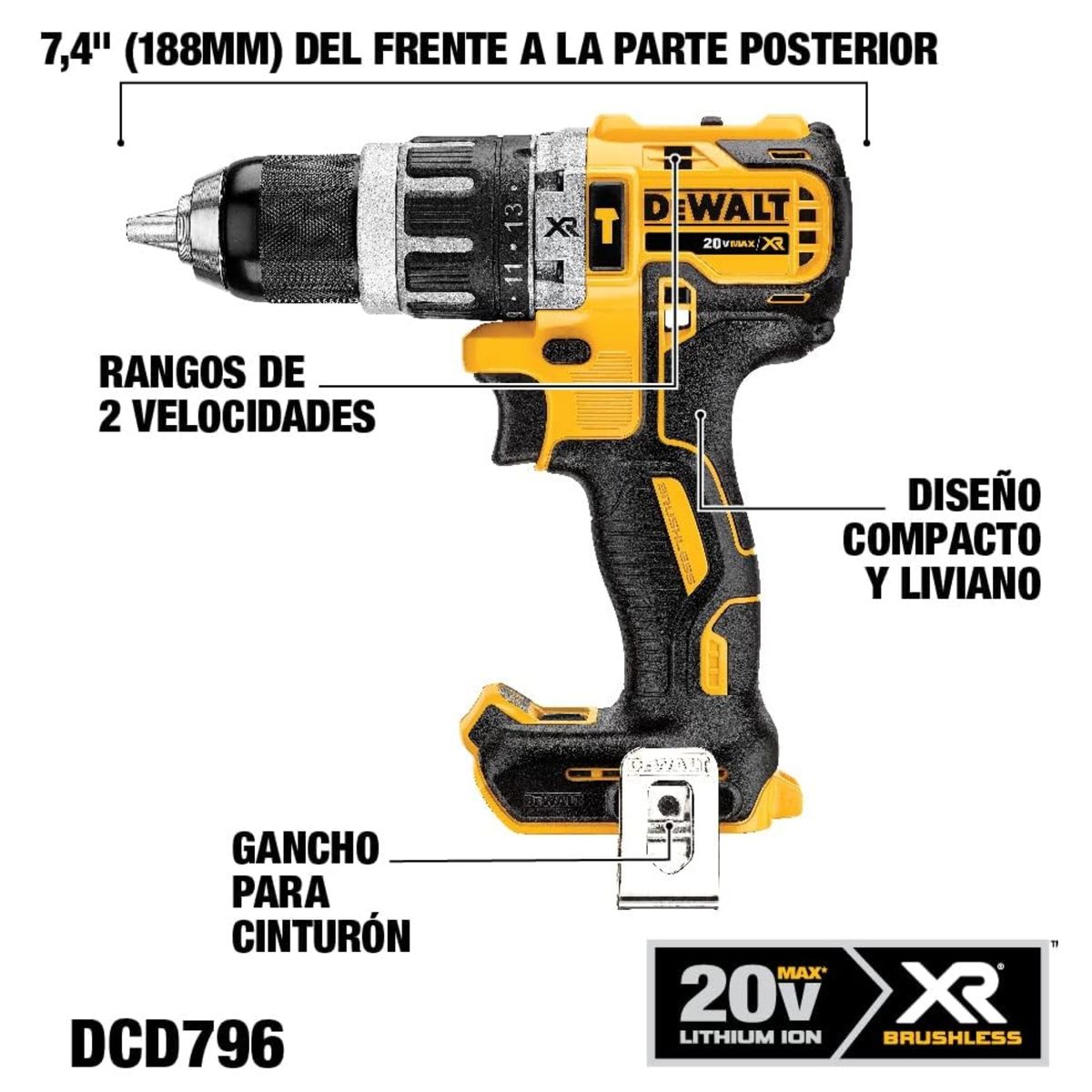 Taladro Percutor Inalambrico Dewalt 12 20V Brushless sin bateria DEWALT, marca DEWALT - Foto 2