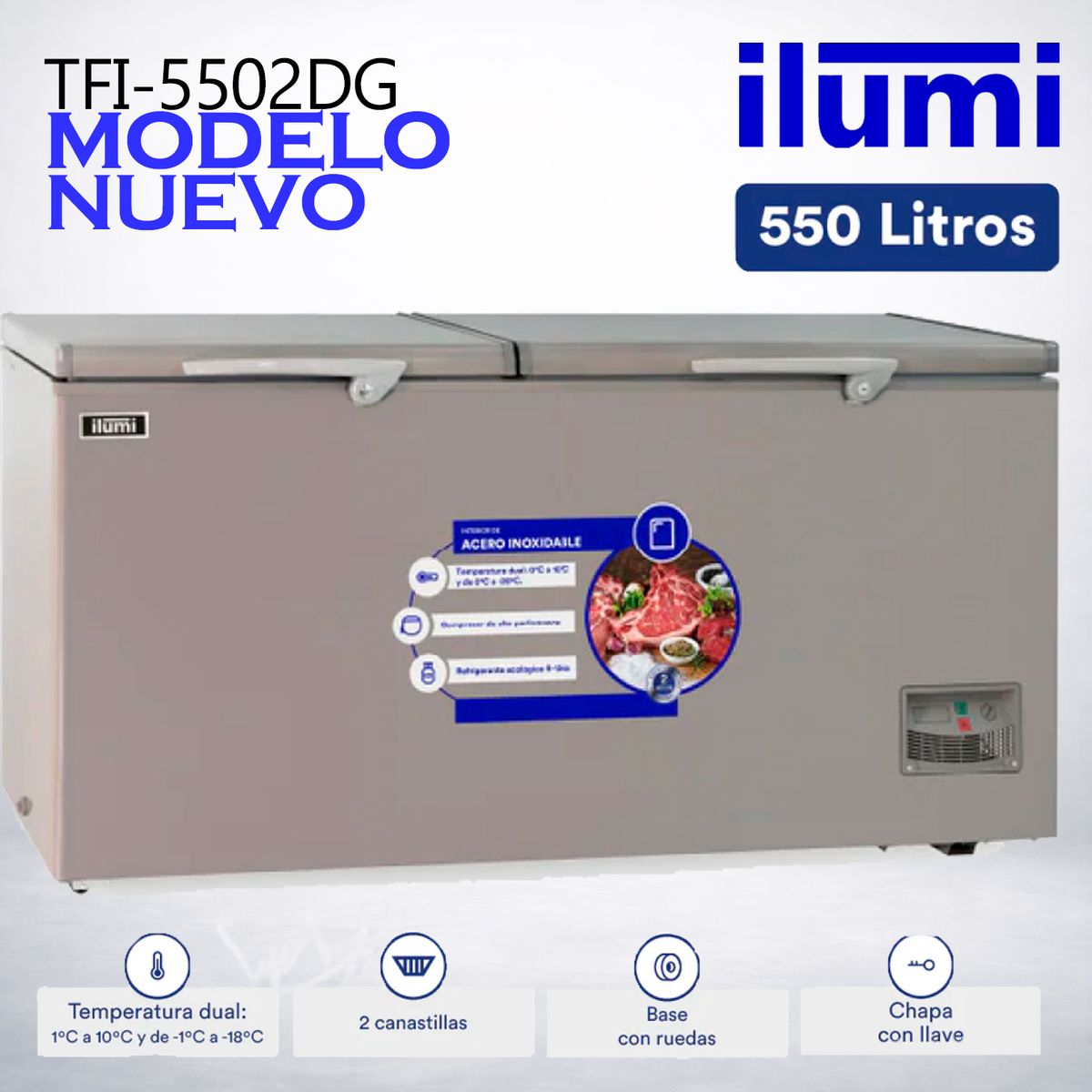 ILUMI - Congelador con tina de Acero Inoxidable de 550 litros - TFI-5502DG