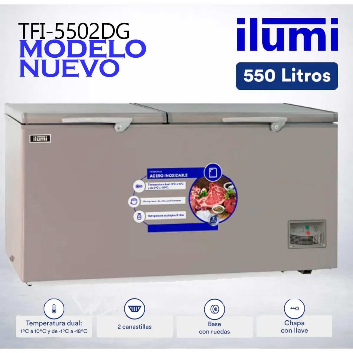 ILUMI - Congelador con tina de Acero Inoxidable de 550 litros - TFI-5502DG