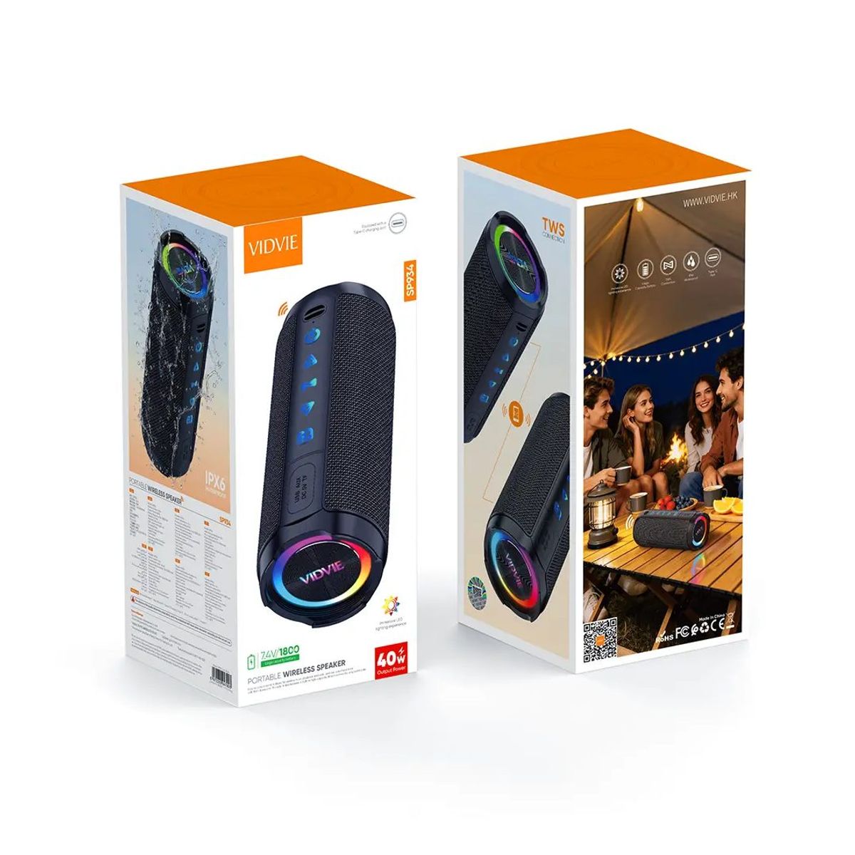 VIDVIE - Parlante Inalámbrico 40W Con Luces RGB Vidvie SP934 Resistente al Agua IPX6