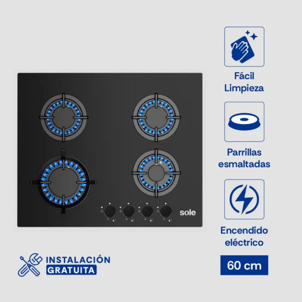 Sole - Encimera Vidrio Templado Sole A Gas 60cm Negro Sole SOLCO049V2