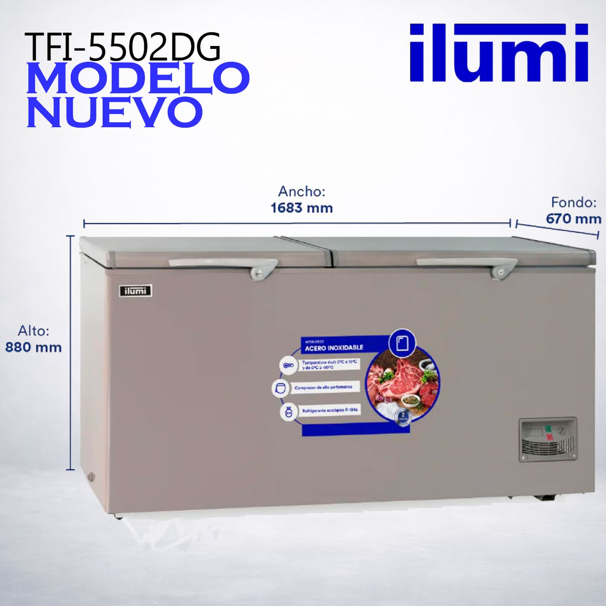 ILUMI - Congelador con tina de Acero Inoxidable de 550 litros - TFI-5502DG