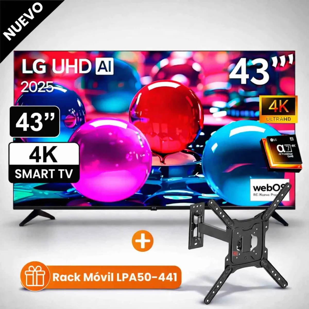 LG - Televisor Lg 43 Pulg Ultra HD 4K AI ThinQ 43UA7300PSB Modelo 2025 + RACK MOVIL