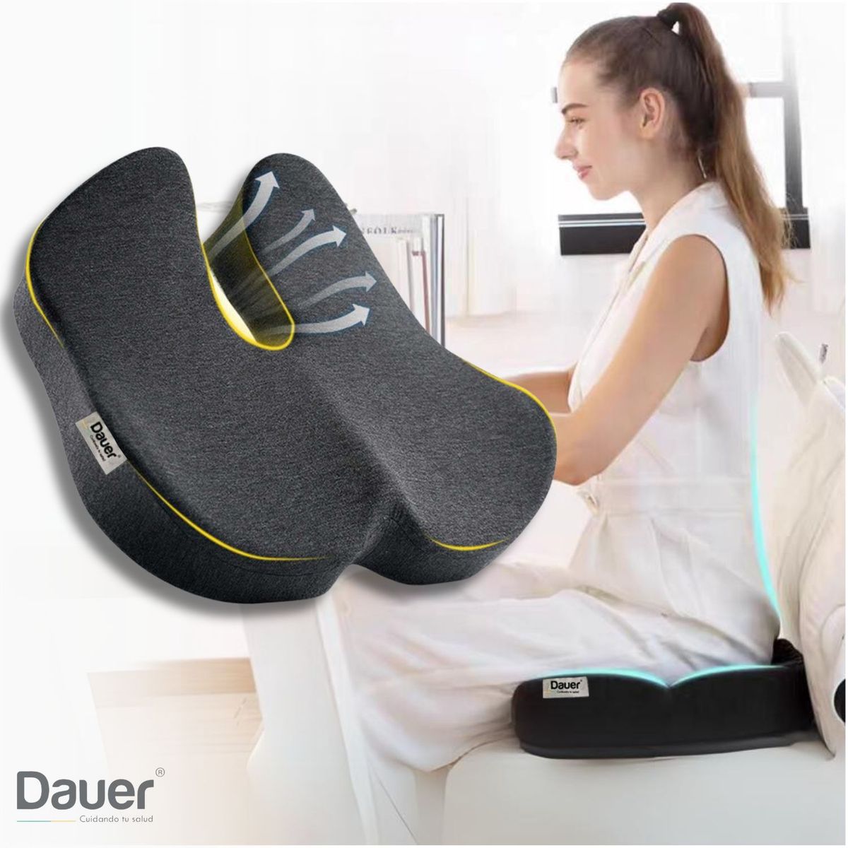 DAUER - Cojín Asiento 3D Ortopédico para coxis para hemorroides con Asa Negro