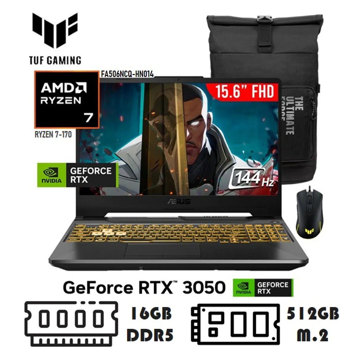 ASUS - LAPTOP ASUS TUF 15.6 RYZEN 7-170 16GB DDR5 512GB M.2 RTX3050 4GB FREEDOS - GRAPHITE BLACK + BOLSO Y MOUSE TUF