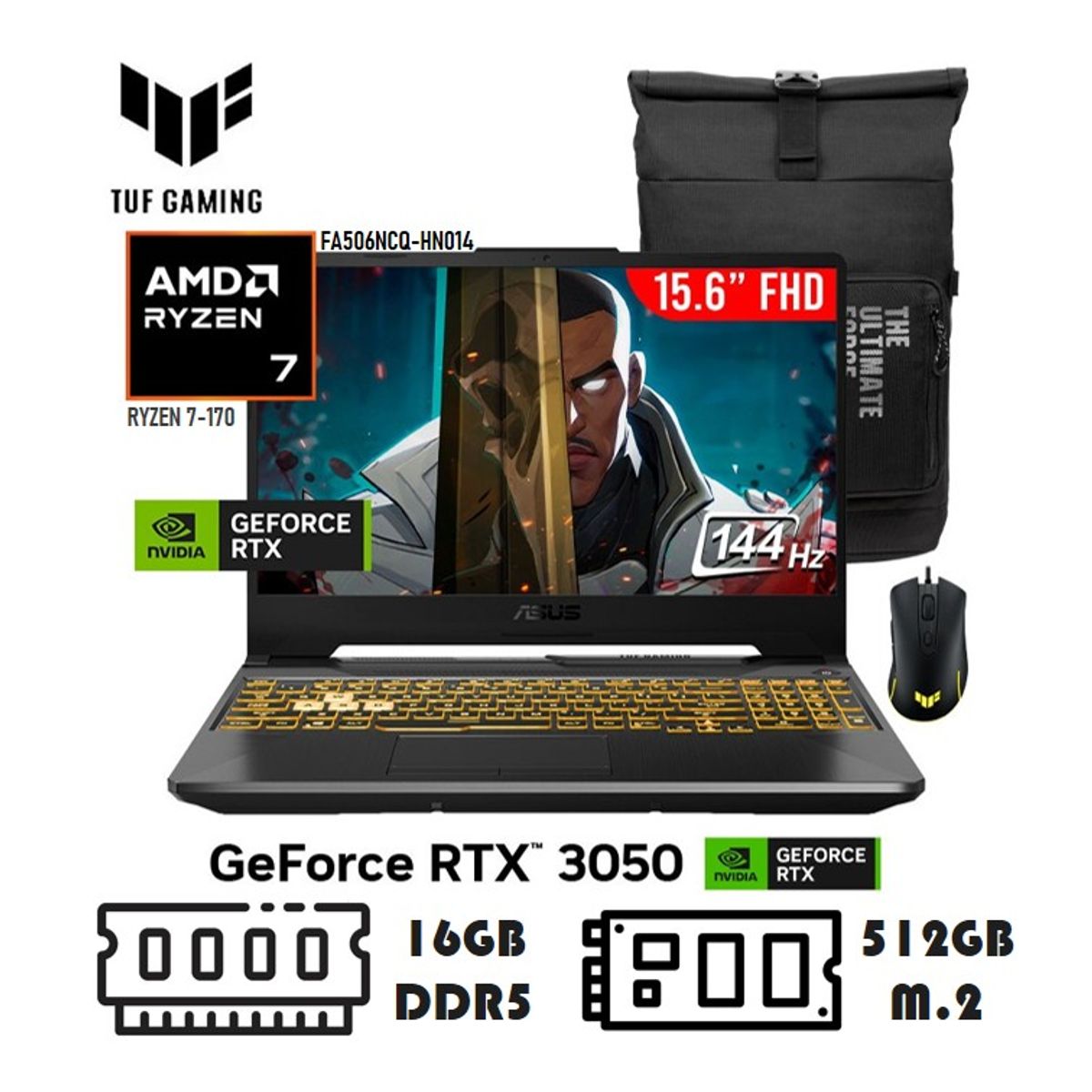 ASUS - LAPTOP ASUS TUF 15.6 RYZEN 7-170 16GB DDR5 512GB M.2 RTX3050 4GB FREEDOS - GRAPHITE BLACK + BOLSO Y MOUSE TUF