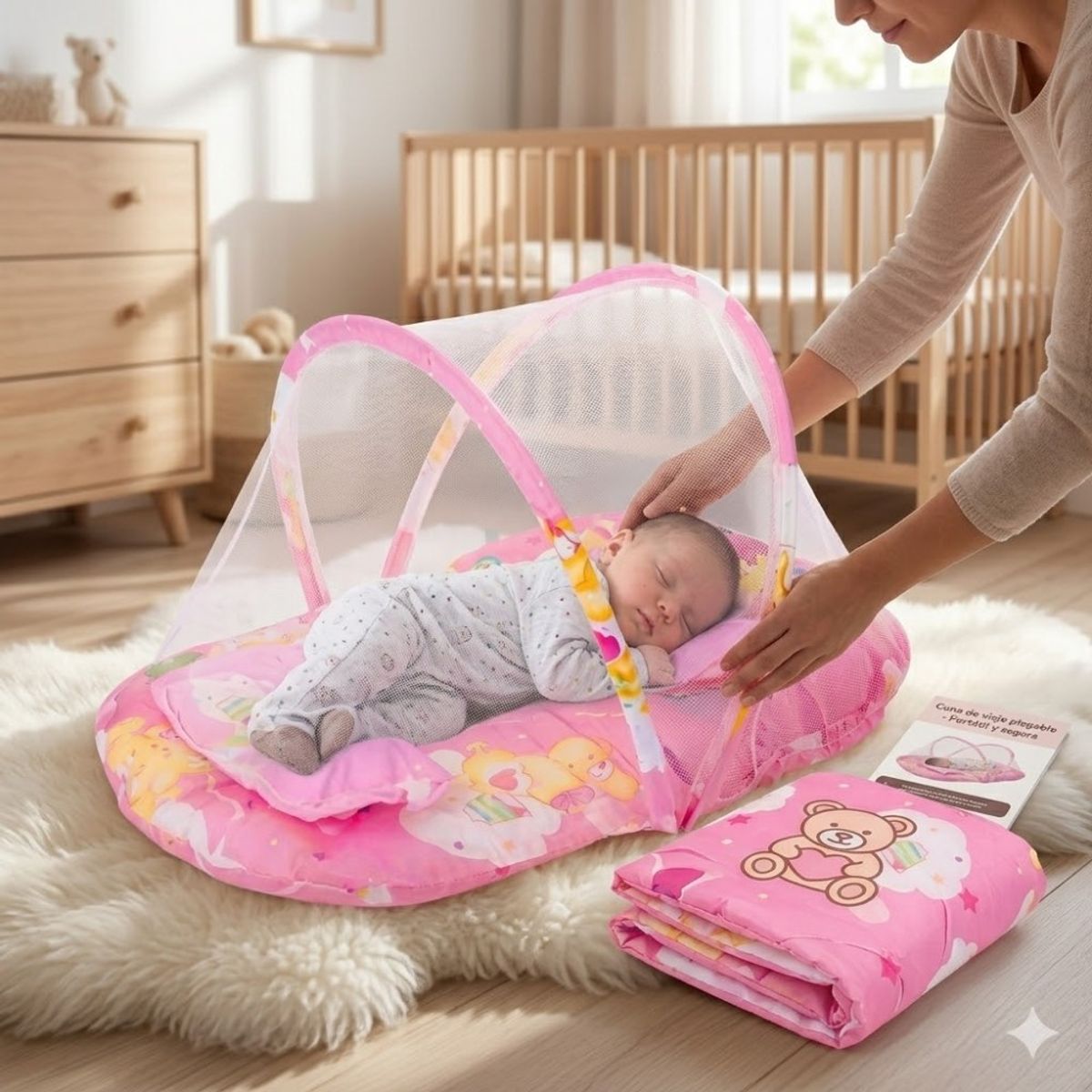 GENERICO - Mosquitero para Bebe de osito Rosado con colcha Baby happy