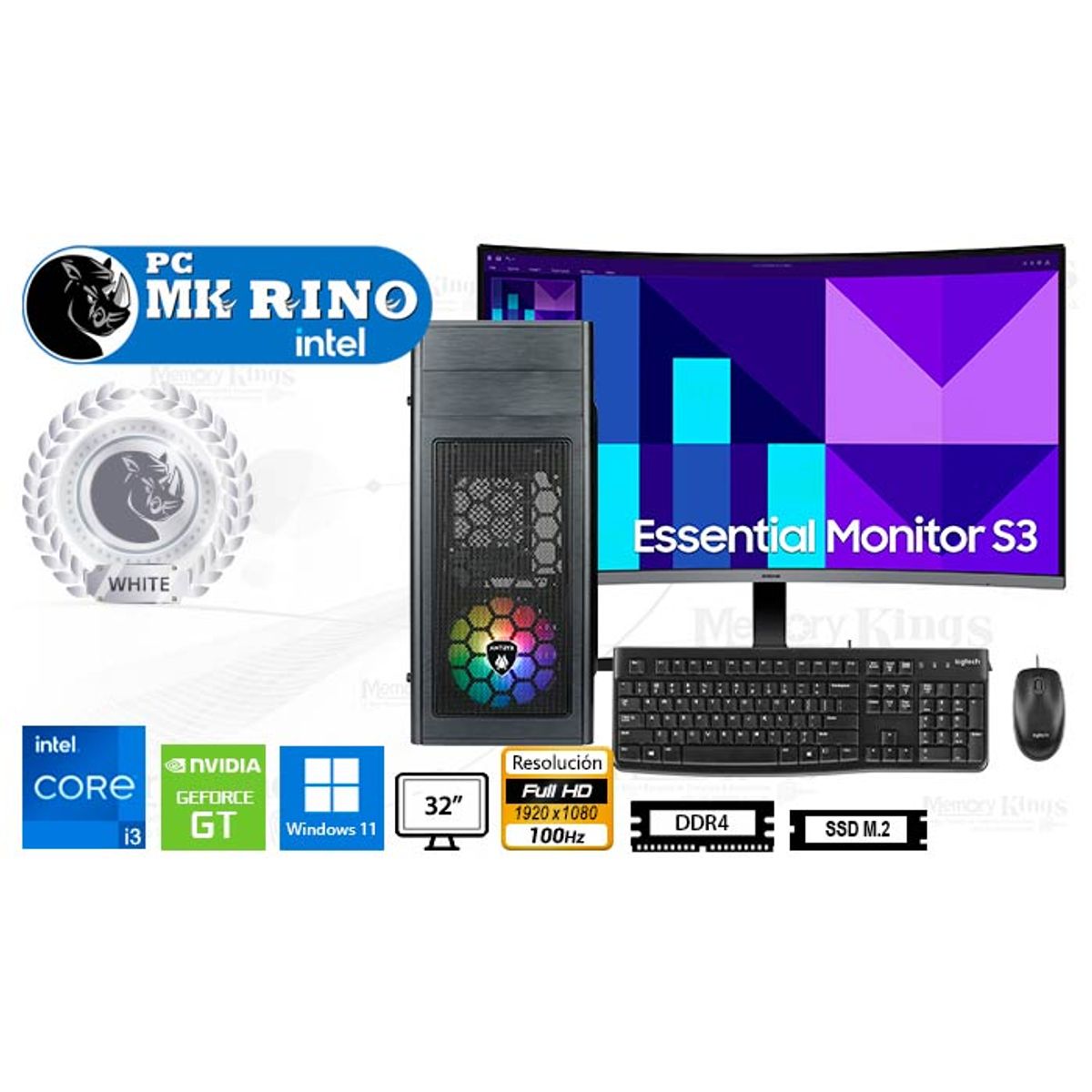 INTEL - Computadora Intel Core i3-12100F 16GB 512GB SSD 24" GT 710 2GB Windows 11 Pro