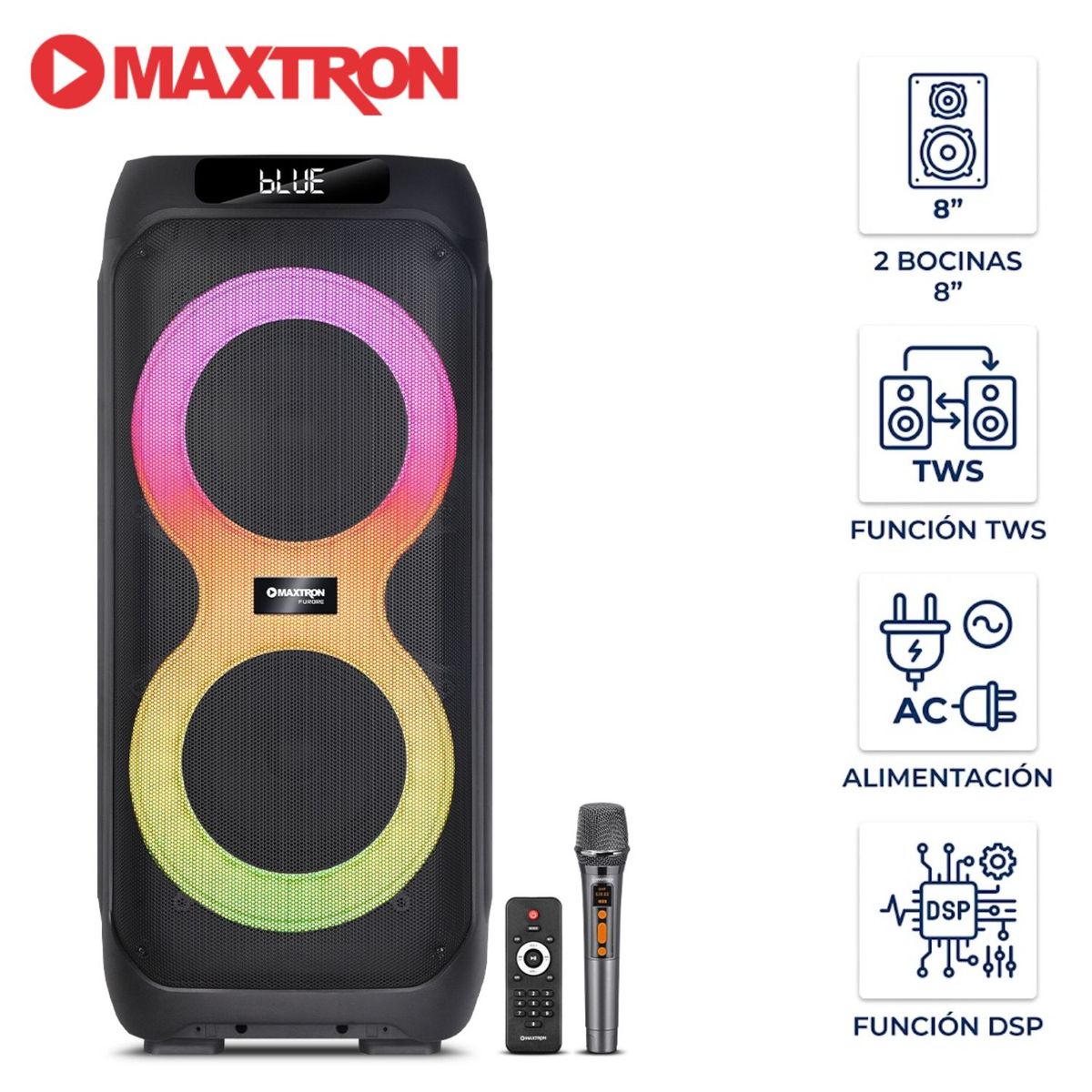 MAXTRON - Torre de Sonido Maxtron Mx 807 Furore 02 Bocinas 8 pulgadas 01 Micro Función DSP