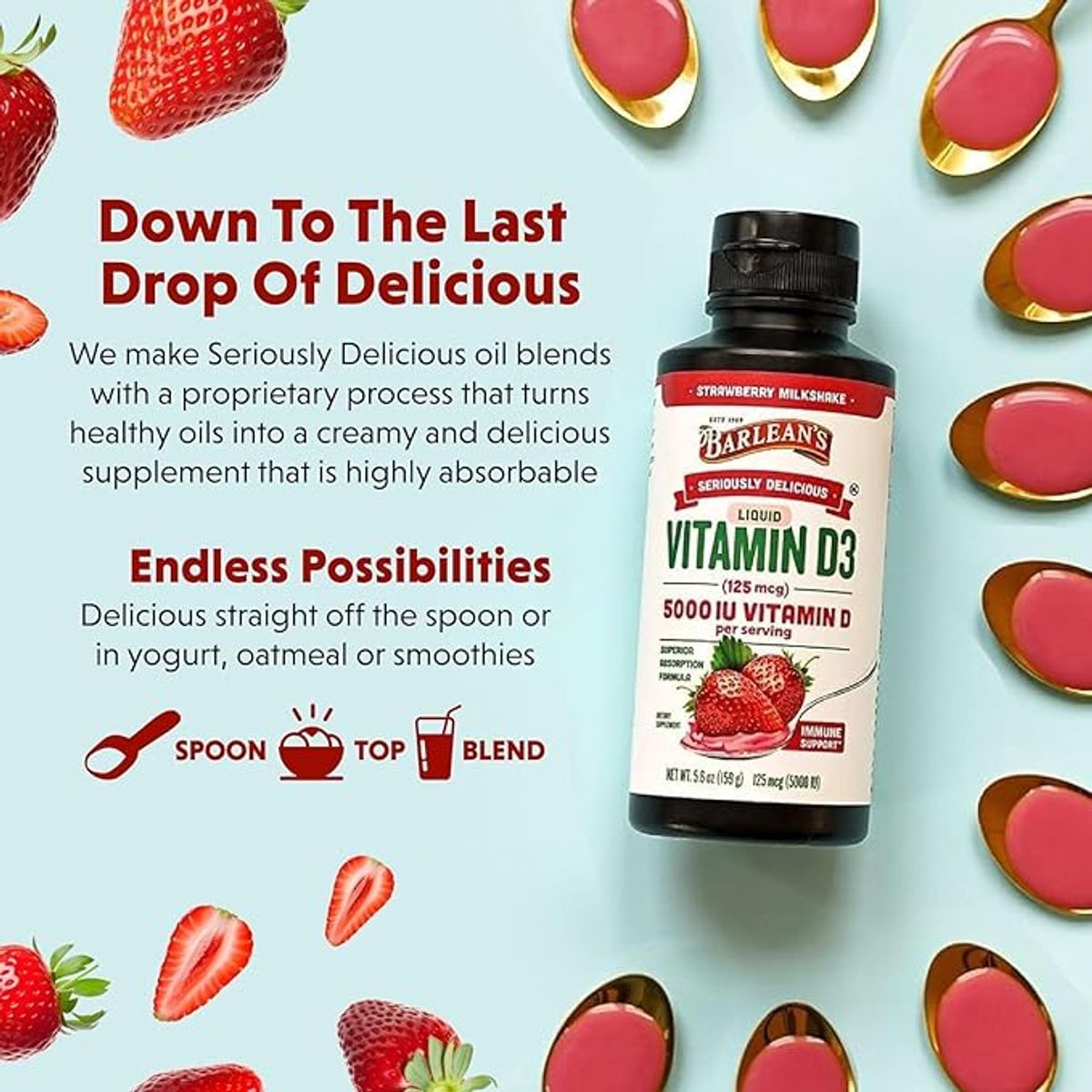GENERICO - Barleans vitamina D3 para niños y adultos, 5000 UI de vitamina D batido de fresa